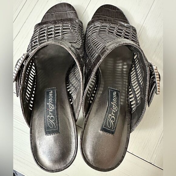 Brighton Pewter Silver Woven Reed Slides with Buckle Open Toe High Heels 7.5 - Picture 6 of 11